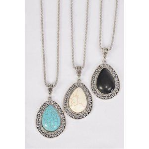 Metal Antique Teardrop Semiprecious Stone Necklace